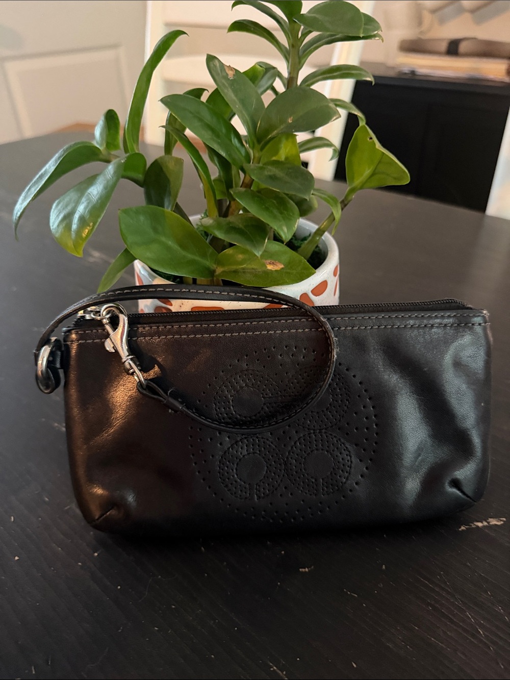Coach Black Leather Wristlet Clutch with Perforated Logo